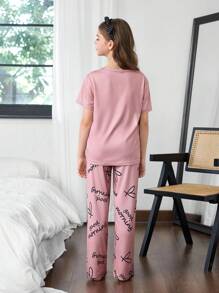 SHEIN 女童爱心字母印花休闲短袖睡衣套装 - 珊瑚橙 - 查看 3
