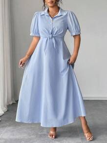 Elenzga Plus Size Women's Elegant Woven Tie-Waist Mid-Sleeve Collared Shirt & Striped Maxi Dress 2 Pieces Set - Blue and White - View 5
