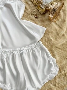 SHEIN Floral Embroidery Lace Patchwork Camisole & Shorts Women Pajama Set - White - View 5