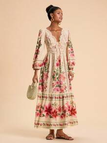 Travachic 女式度假花卉印花蕾丝拼布荷叶边褶皱长袖连衣裙 - 彩色 - 查看 5