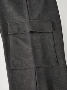 SHEIN 3 件套青少年女孩休闲街头服饰套装，包括羊毛字母印花运动衫、吊带背心和工装裤，秋冬 - 深灰色 - 查看 4