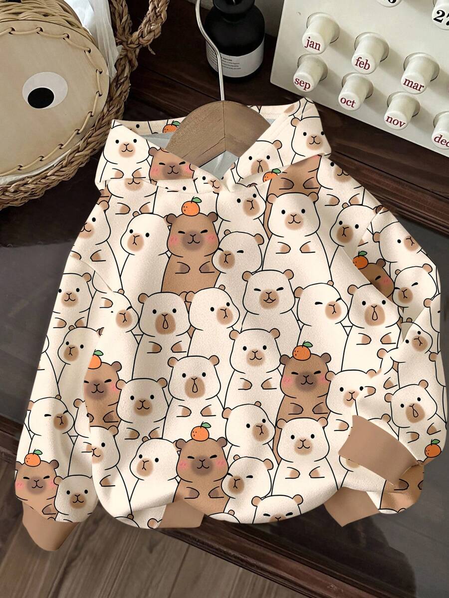 Sudadera de punto de manga larga con diseño de capibara de dibujos animados para niños jóvenes, otoño, escuela, vuelta al colegio, suelta y cómoda, colección de elección casual diaria para niños - Multicolor - Ver 1