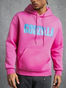 GODZILLAxKONG X SHEIN Áo hoodie có mũ rút túi họa tiết chữ cái thường ngày dành cho nam - Hồng - Xem 2