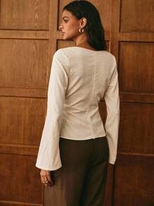 Poéselle Blusa casual/de oficina con mangas acampanadas y cintura fruncida para mujer - Albaricoque - Ver 3