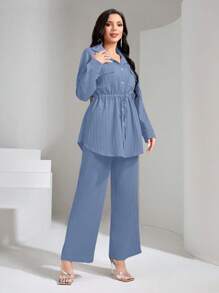 Mulvari Flap Pocket Drawstring Waist Shirt & Wide Leg Pants 2 Pieces Set Modest - Dusty Blue - View 7