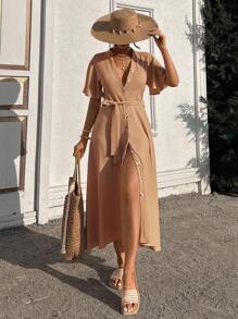 EURMUSE Ruffle Sleeve Crew-Neck Buttoned Maxi Dress With Shell Belt - Rust Brown - View 5