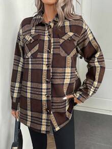 SHEIN LUNE 格纹衬里休闲衬衫领常规夹克，秋冬 - 咖啡棕 - 查看 5