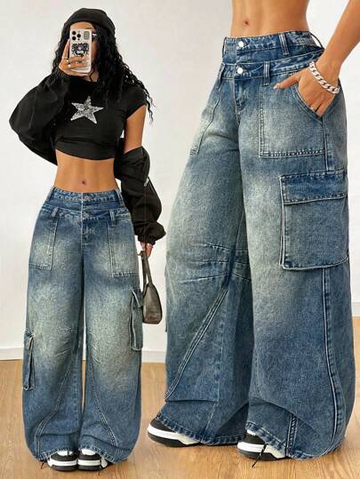 SHEIN Pantalones vaqueros anchos y holgados de estilo cargo, lavados y desgastados, con bolsillos con solapa, para adolescentes y niñas, para otoño e invierno, vuelta al colegio, estilo vintage, ropa de calle, atuendos punk góticos de los 90, disfraces de Halloween para niñas