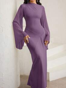 Veilorie Váy tay loe màu trơn thanh lịch dành cho nữ - Màu tím - Xem 7