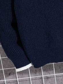 SHEIN 儿童/青少年男童休闲街头风格纯色圆领套头长袖针织毛衣，圣诞绿色，厚实保暖，适合秋冬季 - 寶藍色 - 查看 5