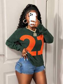 BamGleam 女式长袖圆领毛衣，军绿色，带数字 21 提花，撞色下摆，流苏和做旧细节，休闲宽松版型，秋冬针织套头衫，秋季返校时尚 - 軍綠色 - 查看 4