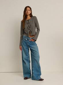 Nöista Navy-And-Cream Striped Tie-Front Cardigan-Top In Rib-Knit. Perfect For Spring-To-Fall Women Clothes, Parisian-Nautical Weekend Looks, Cozy Campus Layering, Or Breezy Café Dates-Playful, Slim-Fitting, And Effortlessly Chic All Season. - Black - View 8