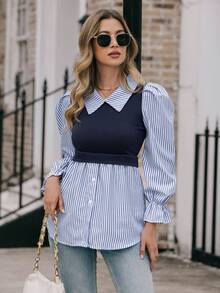 EMERY ROSE Ladies" Fashionable Elegant Blue And White Striped Top - Blue - View 5
