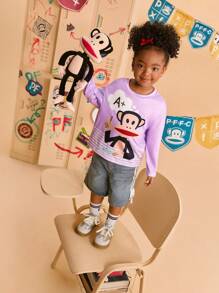 Paul Frank X SHEIN Áo thun dệt kim tay dài cổ tròn vai trễ họa tiết hoạt hình cho bé gái màu tím - Màu tím - Xem 3