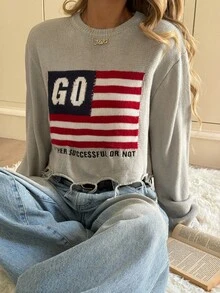 SHEIN Teen Girls' Casual Loose Fit Drop Shoulder Letter Graphic Pullover Sweater, Grey, Early Autumn/Winter - Grey - View 4