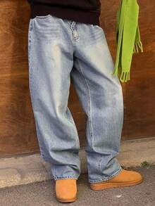 DAZY 男士纯色水洗复古蓝色牛仔裤，秋季 - 藍色 - 查看 1