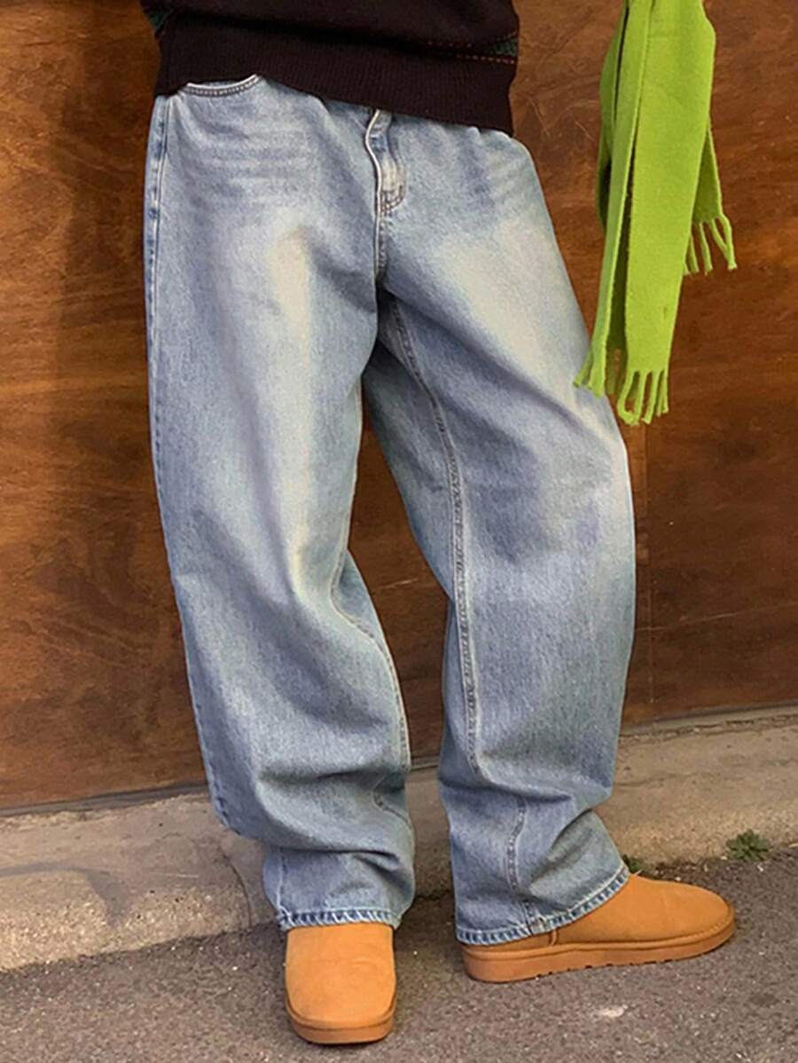 DAZY 男士纯色水洗复古蓝色牛仔裤，秋季 - 藍色 - 查看 1