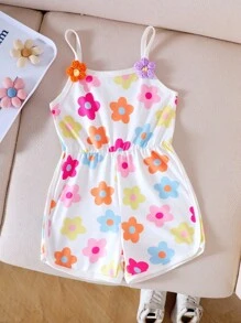 SHEIN 女童（小）白色时尚可爱卡通多色花卉印花吊带连体裤，舒适春夏