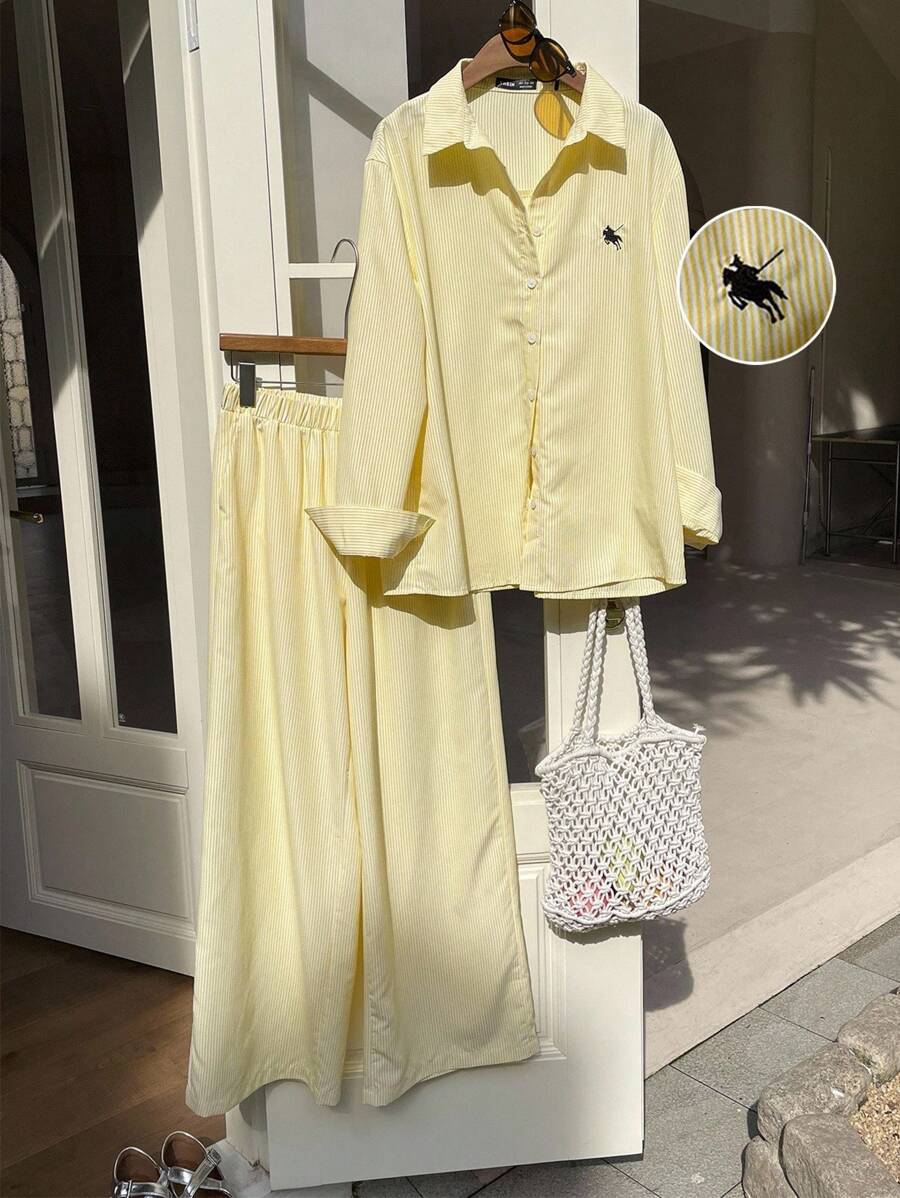 Comfortcana Women's Butter Yellow 2pcs Set Striped Embroidery  Casual Loose Shirt And Wide Leg Pants - Yellow - View 1