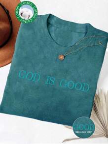 INAWLY Áo sơ mi đơn giản thêu chữ "Chúa là tốt lành", Áo sơ mi màu sắc thoải mái làm quà tặng, Áo sơ mi đức tin, Áo phông đức tin, Áo nhóm nhà thờ, Áo phông thêu cổ tròn cho nữ - Màu xanh ngọc - Xem 3