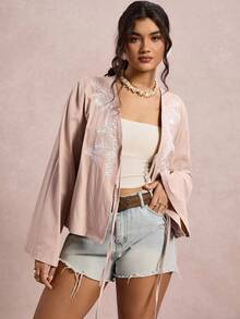 Freevana 大码度假休闲刺绣领带喇叭袖衬衫 - 杏色 - 查看 7