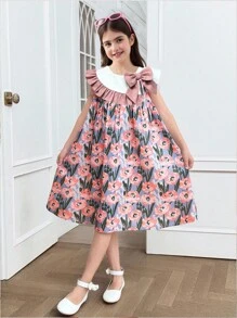 SHEIN Tween Girl Casual Minimalist Sweet Cute Collared Ruffled Tulip Printed Dress - Pink - View 1
