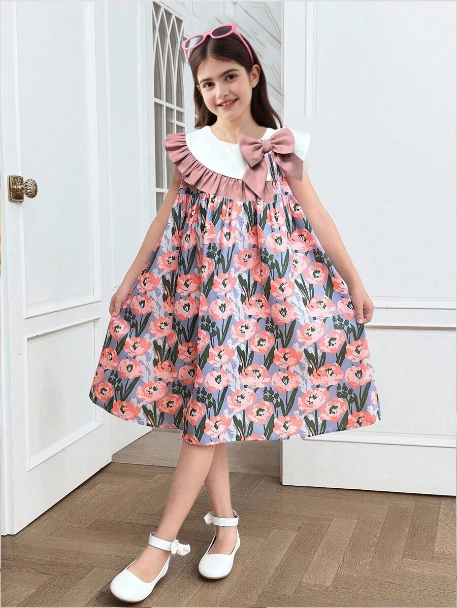 SHEIN Tween Girl Casual Minimalist Sweet Cute Collared Ruffled Tulip Printed Dress - Pink - View 1