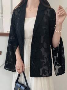 FRIFUL 女士黑色纯色透视网纱袖开衩休闲宽松百搭西装外套，适合机场、户外穿着及商务场合。 - 黑色 - 查看 6