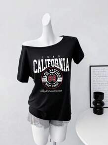 复古美式少女露肩 T 恤，加州元素印花，宽松舒适，百搭，青春活力的学生休闲装，复古风上衣