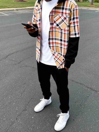 2 piezas Conjunto informal de camisa con capucha a cuadros y contraste de bolsillo y pantalones de punto con cintura elástica para niño preadolescente, adecuado para primavera, verano, otoño e invierno, apropiado para juegos al aire libre, escuela, fotografía callejera, fiesta y ocio en casa, alta relación calidad-precio, temporada de vuelta al colegio