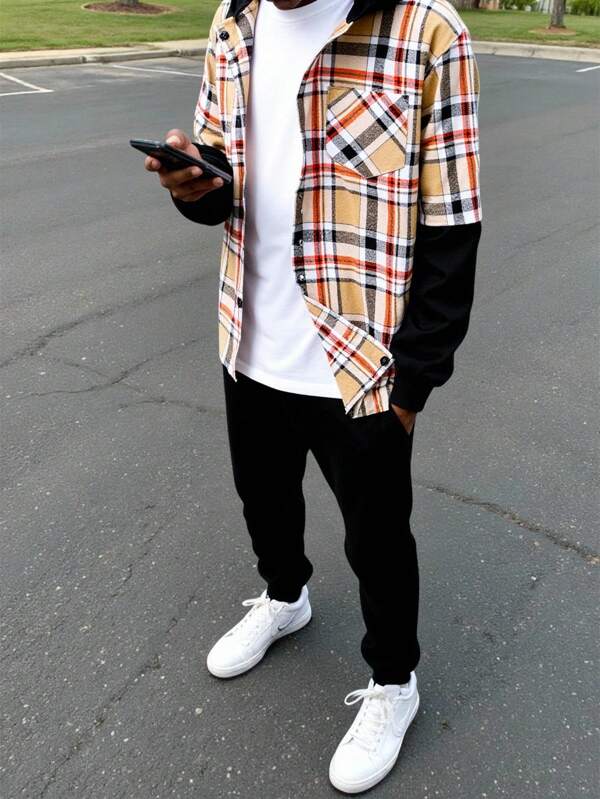 2 件套青少年男孩休闲格子连帽撞色口袋衬衫和松紧腰针织裤套装，适合春夏秋冬，适合户外玩耍、学校、街头摄影、派对和居家休闲，性价比高，返校季