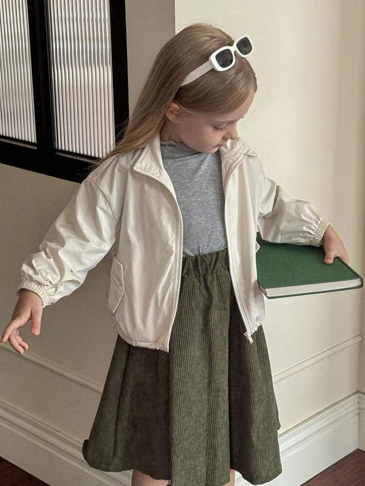 SHEIN 女童纯色休闲春季轻薄拉链外套，秋季休闲外套 - 卡其色 - 查看 3