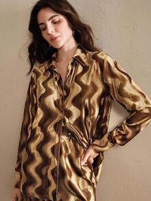 Anewsta 女式两件套，秋冬新品，万圣节和圣诞节，复古都市时尚闪亮波浪褶皱纹理面料宽松舒适时尚上衣和休闲裤 - 卡其色 - 查看 3