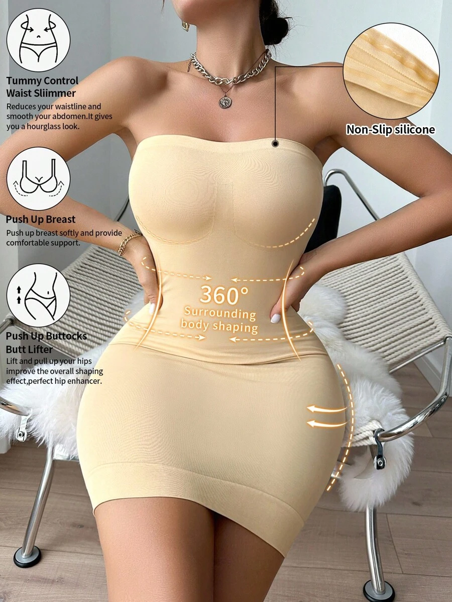 SHEIN 1 chiếc váy liền thân liền mạch cho nữ, váy ngủ không dây định hình eo, kiểm soát bụng - Màu be - Xem 1