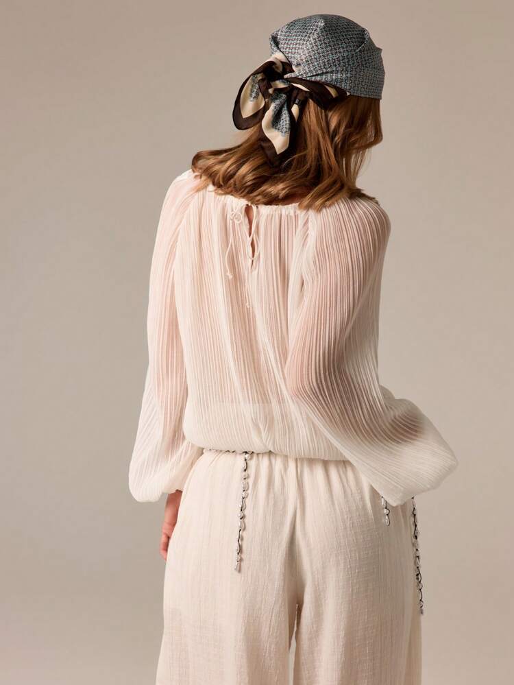 Pleated Chiffon Blouse With Balloon Sleeves