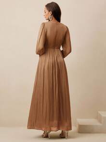 Anewsta Váy dài nữ, cổ tròn, nhún eo, tay bồng, tay dài, màu xanh ô liu, bóng, thanh lịch và đa năng - Màu nâu  Mocha - Xem 3