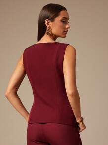 Silquee 优雅纯色西装马甲通勤夏季勃艮第上衣酒红色上衣金属扣装饰红色背心女西装马甲 - 酒紅色 - 查看 2