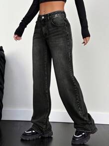 Jeanoix Slant Pocket Wide Leg Jeans - Black - View 3