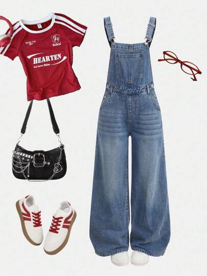 SHEIN Girlism 少女 Y2K 秋假复古水洗斜口袋宽松牛仔背带裤牛仔连体裤，秋季儿童休闲舒适服装，音乐会节日休闲狂欢装，女孩早午餐教堂毕业装，街头服饰，返校装，2000 年代风格，返校装