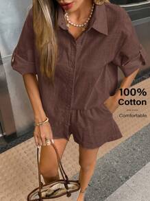 Siren Gaze 女士奶油黄短款套装 - 2025 夏季棉质休闲两件套：卷边短袖衬衫和短裤，海滩度假必备，透气机场装，商务休闲办公装 - 咖啡棕 - 查看 2