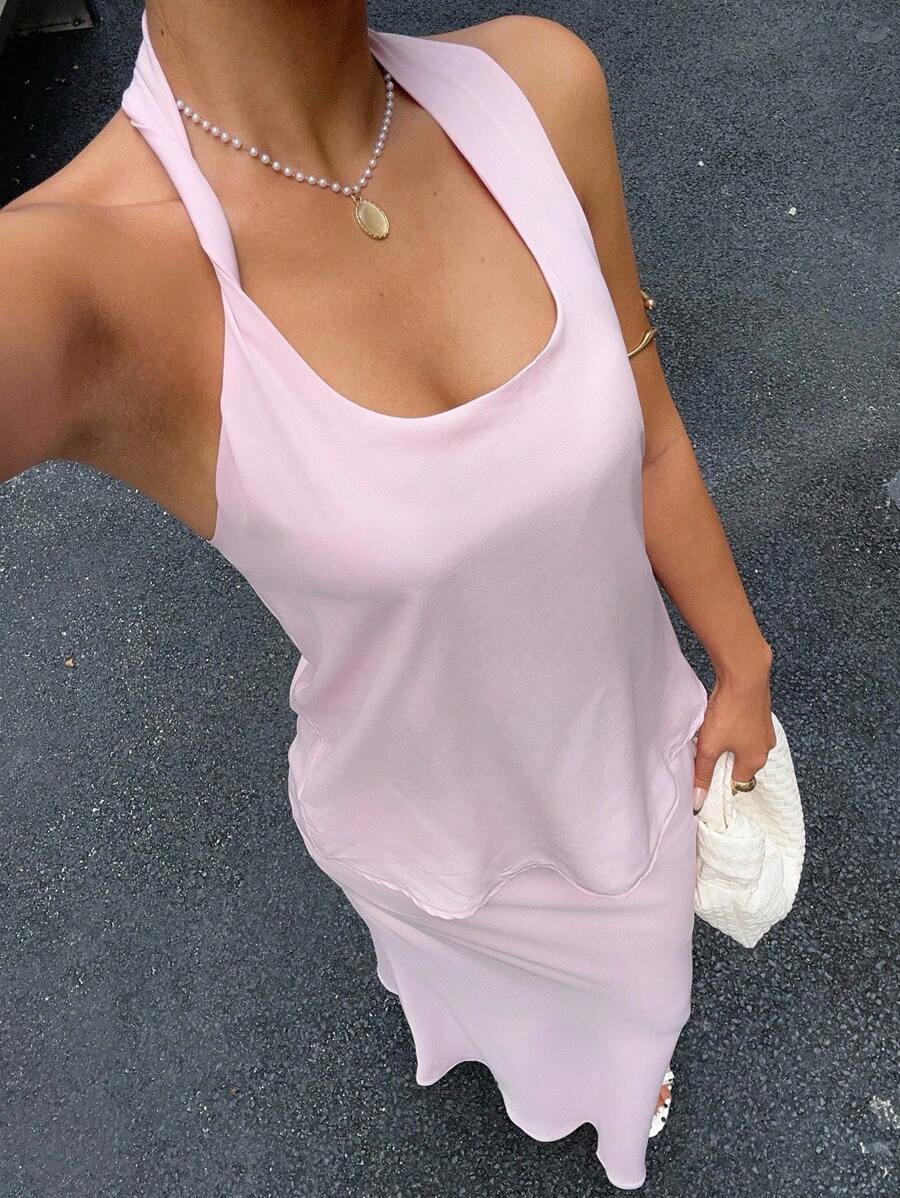 SHEIN EZwear 2pcs Women Summer Vacation Casual Solid Color Backless Halter Neck Top & Skirt Set