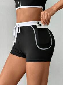 SHEIN Sovereign Charm Women's Black & White Yoga/Running Exercise Shorts With Phone Pocket - Black and White - View 3