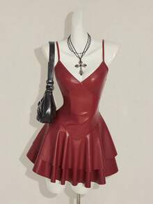 SHEIN ICON Y2K 女士酒红色 PU 皮革性感 V 领迷你连衣裙