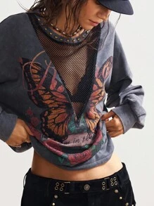 Bohemela Plus Size Women Butterfly Print Crew Neck Drop Shoulder Long Sleeve Casual Loose Sweatshirt