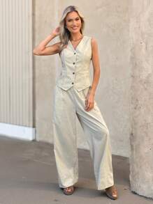 TrendSteals Beige Summer Elegant Work Women Retro Linen 2 Pieces Set,Autumn Casual V-Neck Vest & Wide Leg Pants,Business Office Wear Teacher Clothes Pant Suit - Apricot - View 3