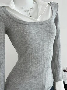 Elamini Damska koszula 2 w 1 z długim rękawem i swobodnym krojem patchworkowym - Szary - Zobacz 6