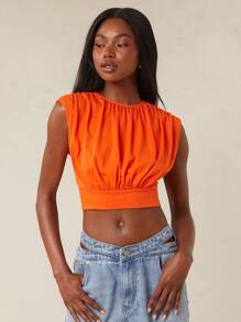 NYA SZN Top Short Sleeve Ruche Detail Casual Everyday Brunch Special Occasion Wedding Event Guest Bridal Party Modest Church Office Teacher Back To School Vacation Summer Spring Cotton Top Statement Festival Outfits For Women - Burnt Orange - View 3