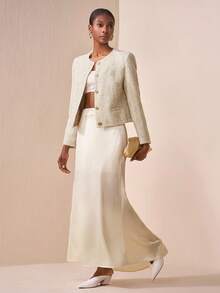 Zivah Autumn New 2 Pieces Set,Crew Neck Long Sleeve Jacket With Metal Decor & High-Waist Satin Skirt,Elegant Beige Semi Formal Music Festival Graduation - Apricot - View 5