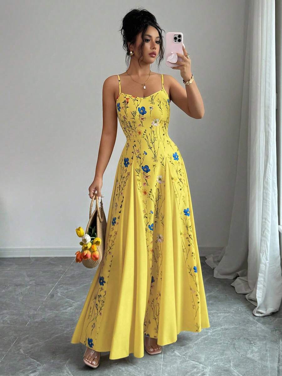 Elenzga Women's Elegant Floral Print Dress - Yellow - View 1