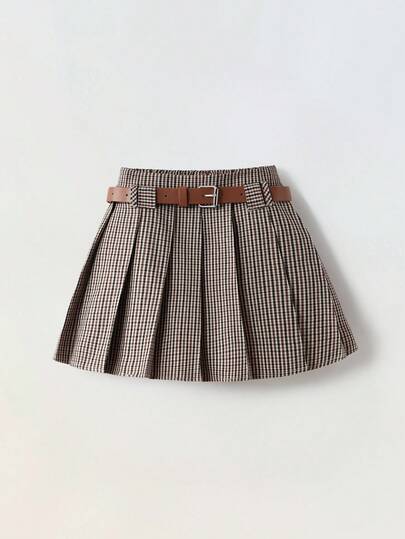 Maija Kids Maija Kids Young Girl Vintage Plaid Fabric Pleated Skirt With Belt Plaid Skirt School Girl Skirt Girls School Uniform Skirt Brown Plaid Skirt Fall Winter